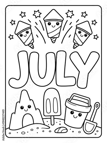 July coloring page for kids featuring cute summer fireworks sandcastle beach bucket ice cream popsicle and stars outline design