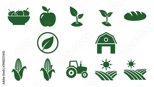 Agricultural icons representing farming and sustainable practices in a green and white color scheme
