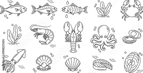 Seafood and marine food line icon set with fish shrimp lobster crab octopus squid shellfish ocean cuisine illustration