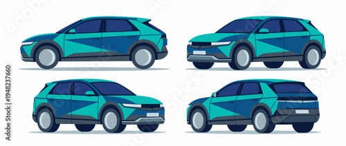 This illustration presents a stylish car model from four different angles, highlighting its modern aerodynamic shape and sleek design in vibrant colors, perfect for automotive content.