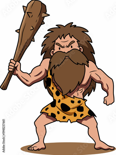 This playful cartoon depiction of a caveman showcases a muscular character with a fierce expression and club, symbolizing strength, primal instincts, and early human life.