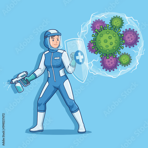 This illustration shows a health worker dressed in protective gear holding a shield and sprayer, symbolizing protection against viruses, emphasizing safety and health awareness.