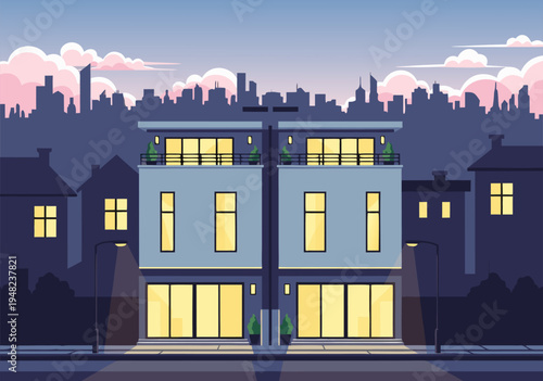 Modern City Townhouse Illustration A Vector Art Depicting Urban Architecture and Residential Buildings in a Sleek, Contemporary Style