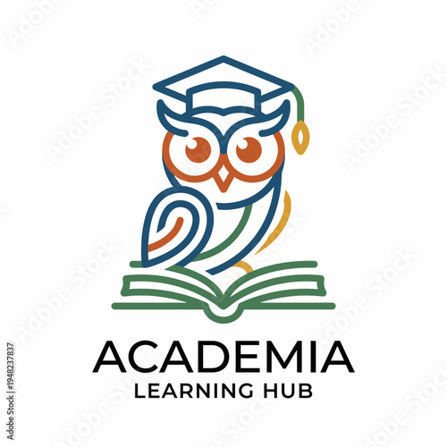 This illustration features a wise owl wearing a graduation cap, perched on an open book, symbolizing knowledge, academia, and the pursuit of education in a vibrant way.
