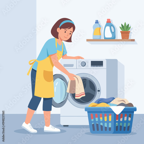 This image portrays a woman engaged in laundry tasks, capturing the essence of everyday life, organization, and domesticity, conveying a sense of warmth and routine.