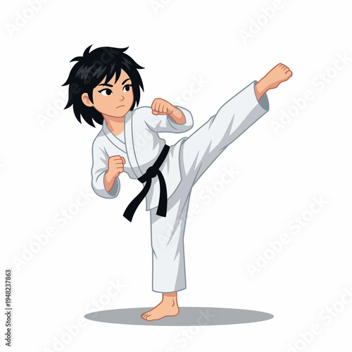 A spirited young martial artist in a karate gi demonstrates a high kick, showcasing discipline, energy, and determination in a captivating animated style fit for all ages.