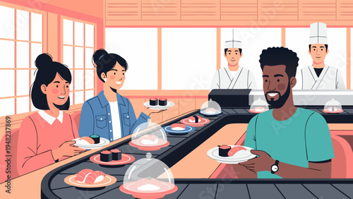 Delightful vector illustration of people enjoying a conveyor belt sushi experience at a vibrant restaurant