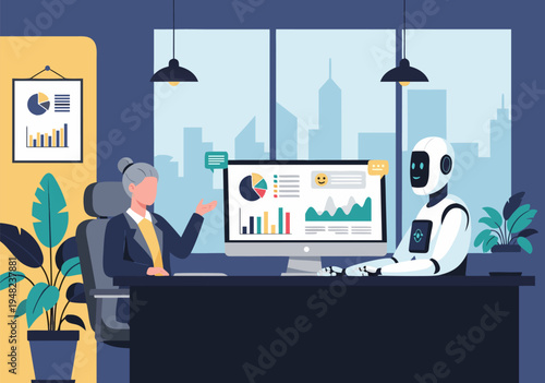 AI business meeting vector illustration of a robot and human analyzing data on a computer screen with charts