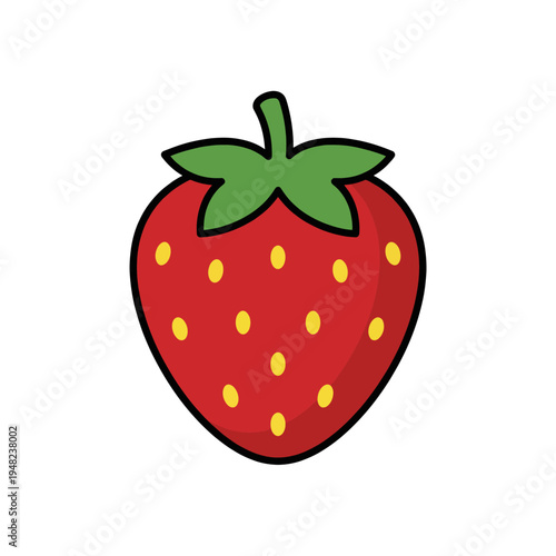 A whimsical cartoon representation of a strawberry, featuring vibrant colors and simple shapes that convey freshness and the sweetness of nature's bounty.