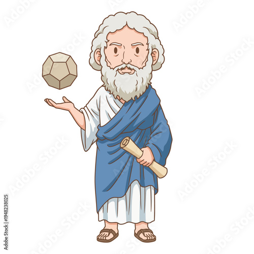 A cartoon depiction of a philosopher holding a geometric shape and a scroll, symbolizing wisdom and knowledge in a whimsical style that appeals to various audiences.