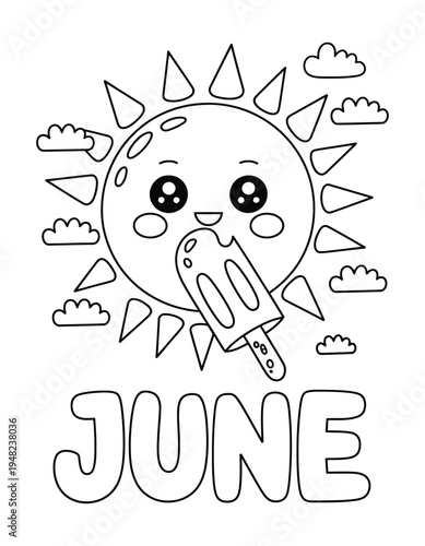 Sun character eating popsicle in june month for kids coloring book page with clouds and sun rays outline vector illustration style