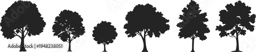 Deciduous tree silhouette set, leafy garden woodland trees isolated for landscape design natural outdoor black vector illustration collection