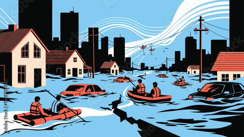 Dedicated rescue teams in small boats navigate through a flooded city street with partially submerged houses and cars during a crisis.