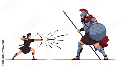Epic biblical scene of young David aiming his bow at the giant Goliath who is armed with a spear and a shield during their famous duel.