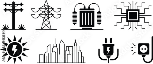 Electricity energy vector icon set with utility pole, transmission tower, transformer, solar power, plug, outlet, city skyline, microchip