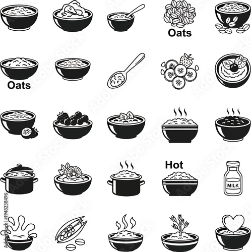 Set of Oatmeal Bowls and Pots with Fruits, Oats, and Milk Icons for Healthy Breakfast and Food Collections