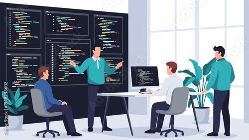 Programming Team Meeting in a Modern Office Space, Engaging in Code Review - Vector Illustration