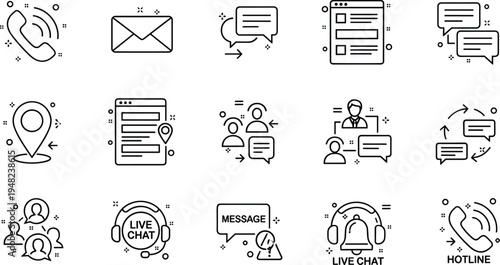 Customer support and communication line icon set with phone email message live chat hotline and help desk service illustration