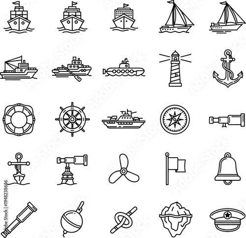 Nautical Theme Icons Collection Featuring Ships, Lighthouses, Anchors, Compasses, and Marine Equipment