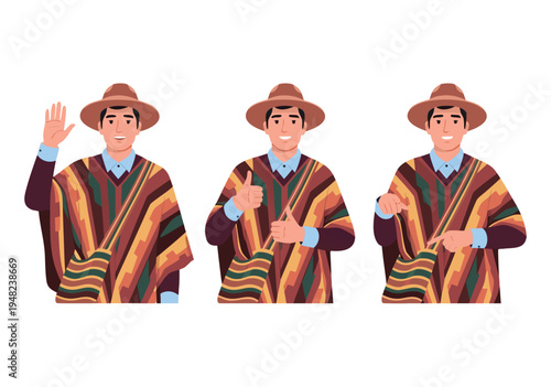 Hispanic man wearing a traditional poncho, vector illustration of a friendly man waving, giving a thumbs up, and pointing in three panels