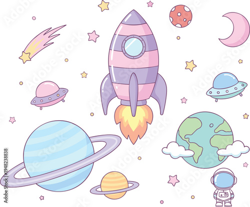 Cute pastel space vector set featuring rocket ship planets astronaut stars and UFO illustrations for children nursery design.