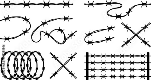 Minimalist Barbed Wire Vector Icons Set: Security, Defense, Protection, Fence, Border, Danger, and Restricted Area Concepts. Simple Line Art Graphics Collection.