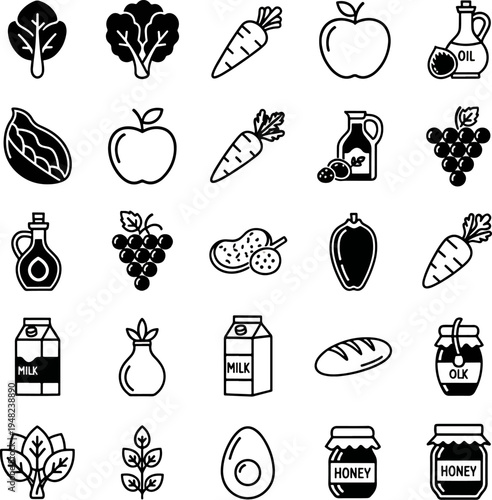Healthy Food Icons Collection Fresh Ingredients and Groceries Set Flat Design Vector Illustration