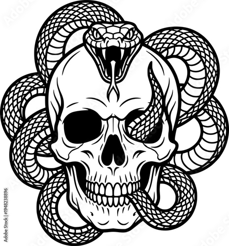 Snake & Skull Artwork with Detailed Scales & Teeth. Black & White Outline Line Art Drawing. Gothic, Death, Rebirth, & Fantasy Graphic.
