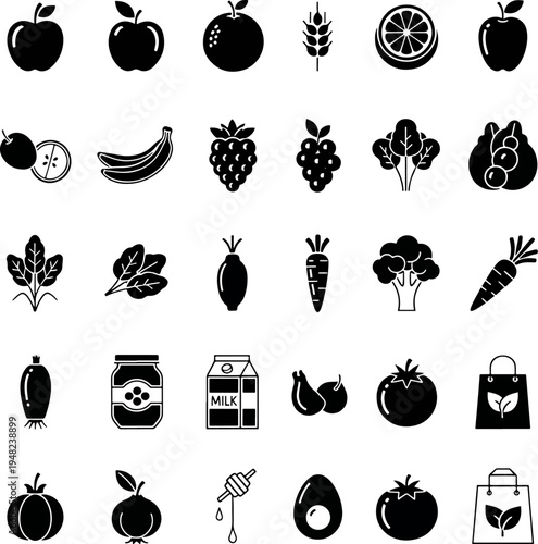 Healthy Food Icons Collection Featuring Fruits Vegetables Grains Dairy Egg Honey And Shopping Bag