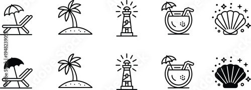 Summer beach vector icon set with umbrella chair, palm tree island, lighthouse, tropical drink, seashell outline and filled design