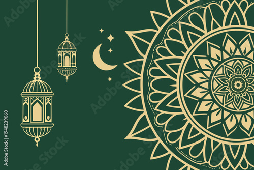 Islamic Geometric Pattern and Lanterns with Crescent Moon and Stars Background