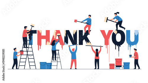 Group of diverse people working together to paint the words thank you on a large wall using brushes and rollers to show appreciation.