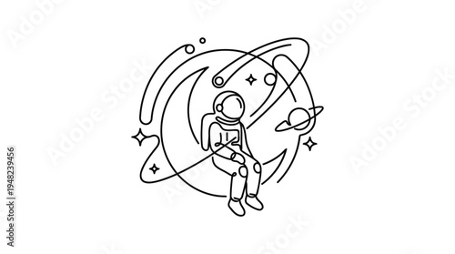 Astronaut Sitting on Crescent Moon Continuous Single Line Minimalist Dreamy Space Line Art Illustration
