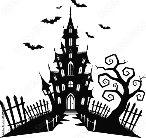 Haunted Gothic Castle at Night with Bats and Moonlit Trees
