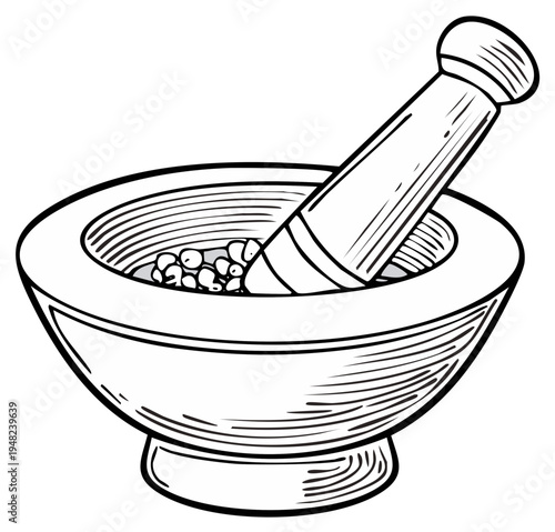 Sketch of a traditional mortar and pestle grinding peppercorns in a kitchen setting