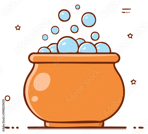 Whimsical magic pot overflowing with shiny blue bubbles and enchanting star accents