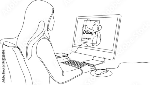 girl in the office creating design  line art 