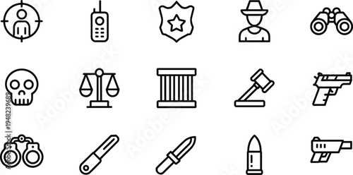 Law enforcement icon set, police justice symbols, crime security outline collection, legal protection vector icons, investigation tools