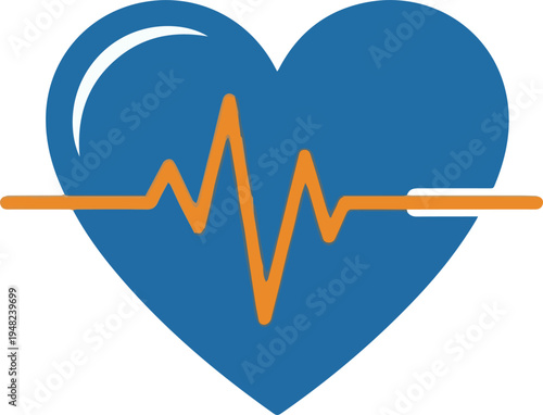 Blue heart icon with an orange heartbeat, symbolizing vital health and essential medical care. Ideal graphic for World Health Day, promoting global wellness and well-being