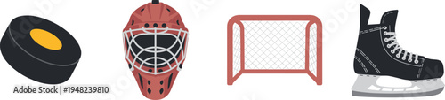 Vector illustration of ice hockey equipment including puck, goalie mask, goal net, and skate for sports design, competition, and training projects