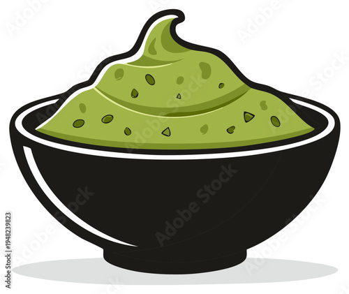 Creamy guacamole with green seeds served in a black bowl for dip lovers.