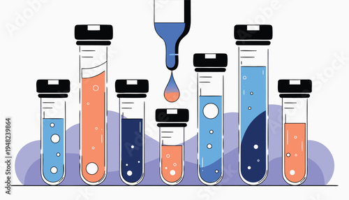 Collection of Laboratory Test Tubes Filled with Colored Liquids and Dropper Adding Fluid Keywords: laboratory, test tubes