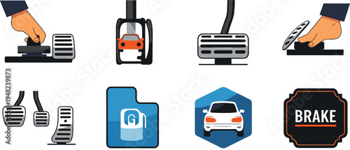 Set of car pedals and driving safety icons, collection of automobile brake, accelerator, and clutch symbols with manual and automatic transmission flat vector illustration