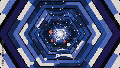 Hexagonal Tunnel or Corridor with Geometric Patterns and Floating Orbs in Blue and Orange Colors Keywords: hexagonal, tunnel