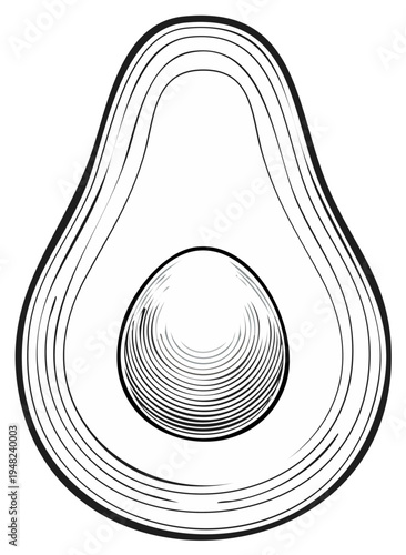Engraved Style Illustration of Avocado Half with Seed, Detailed Hatching and Shading, Simple Outline Drawing, Single Fruit
