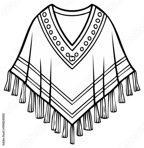 Hand-drawn line art of traditional Mexican poncho with tassels ready to be colored and decorated. Folk traditional element