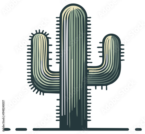 Stylized Saguaro Cactus Illustration with Desert Ground Line Illustration