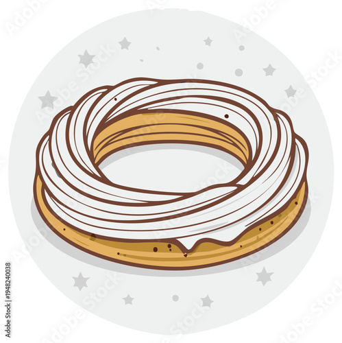 Cartoon illustration of a cream puff pastry dessert with icing, simple donut form.