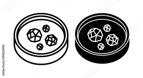 A black and white illustration of two circular objects with geometric shapes inside them