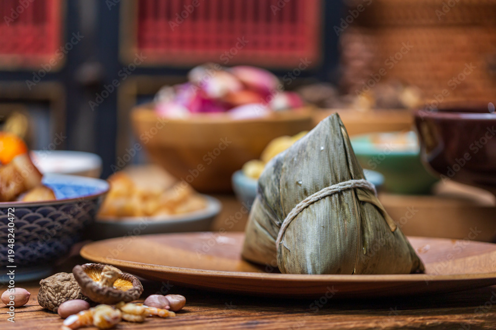Fototapeta premium Traditional handmade meat dumplings and a variety of ingredients for the Dragon Boat Festival